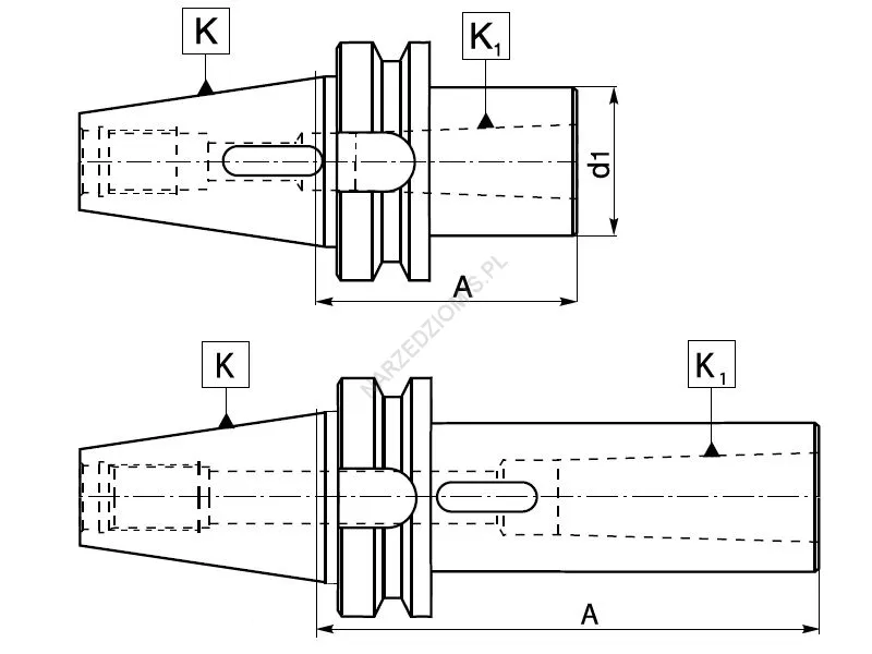 Rysunek techniczny: Tuleja redukcyjna krótka z chw. MAS 403-BT na chw. Morse'a: T.1661 BT30/MS1 50mm - KOLNO